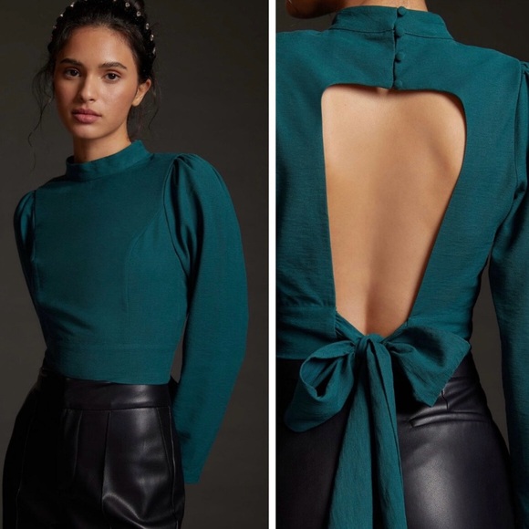 Anthropologie Maeve Open-Back Bow Blouse in Teal Green - Picture 1 of 16